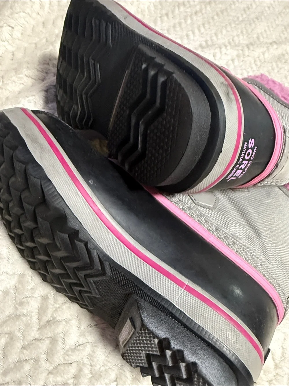 Sorel Kids Gray and Pink Fuzzy Cuff Snow Boot